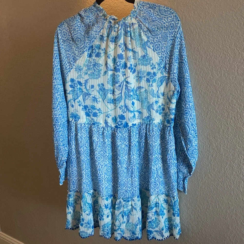 HEMANT & NANDITA Blue and White Ruffled Tiered Dress/NWT - Picture 9 of 12